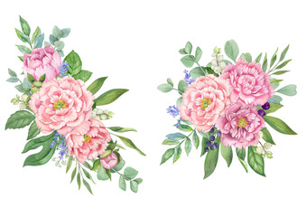Watercolor floral bouquets with pink peonies.