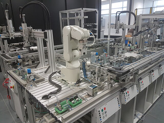 Assembly line with a robot arm in a Lab - obrazy, fototapety, plakaty
