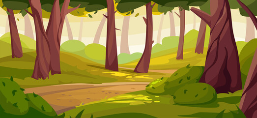Vector illustration of forest glade in cartoon style. Summer fairy landscape