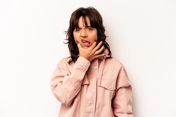 Young hispanic woman isolated on white background having a strong teeth pain, molar ache.