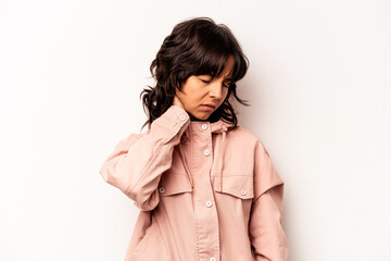 Young hispanic woman isolated on white background massaging elbow, suffering after a bad movement.