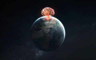 3D illustration of Nuclear explosion over planet earth. World war, end of civilization. Elements of image provided by Nasa