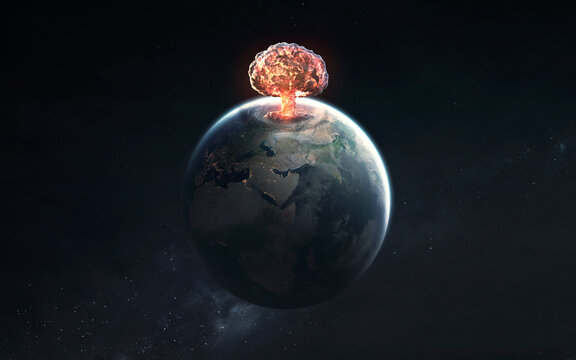 3D illustration of Nuclear explosion over planet earth. World war, end of civilization. Elements of image provided by Nasa