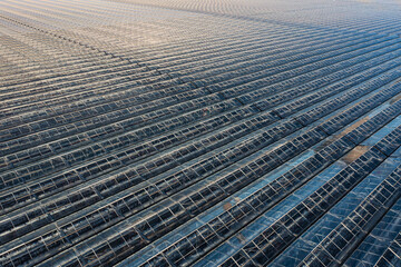 Aerial view of rows of greenhouses for salad food production at Village Salads in Drax, Yorkshire, UK