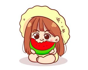 Cute kid girl eat watermelon character cartoon logo hand drawn art illustration