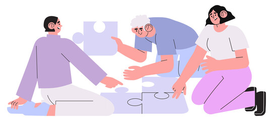 Vector illustration of coworkers doing round jigsaw puzzle isolated on a white background. Teamwork, coworking and business partnership concept for banner, flyer, article, landing page, ui ux design.