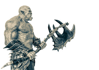 green orc holding a huge axe in a white background side view