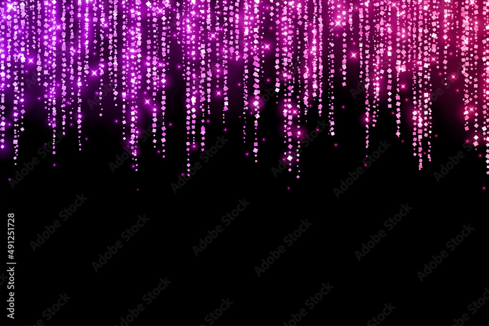 Wall mural violet pink glitter festive shiny garland on black background. vector