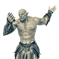 hand of a green orc holding a cell phone in a white background