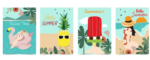 Summer postcard with women,flower,beach,tree,pineapple,ice cream and leaf