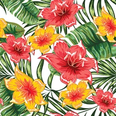 Plexiglas foto achterwand Flowers. Seamless pattern with tropical flowering plants. Vector image.  © podtin