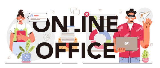Online office typographic header. Modern virtual office developing