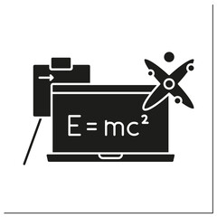 Modern physics glyph icon.Mass and energy equivalence formula on blackboard. Special relativity, quantum mechanics.Physical branches concept.Filled flat sign. Isolated silhouette vector illustration