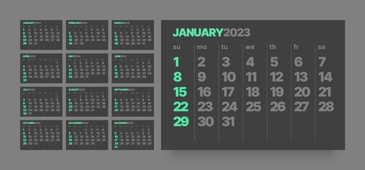 Calendar template for 2023 year with week start on Sunday. In dark colors.