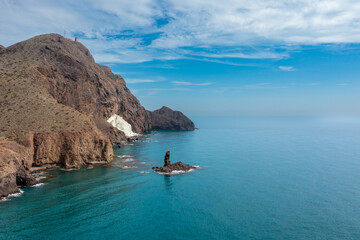 Fototapeta na wymiar aerial view of the wild and rugged coastline of the Cabo de Gata Nature Reserve in Andalusia