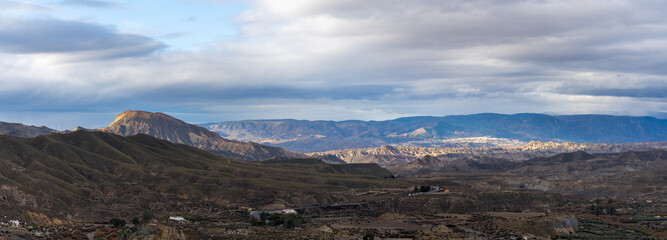 panorama view of the landscape of the Tabernas Desert in Andalusia in southern Spain