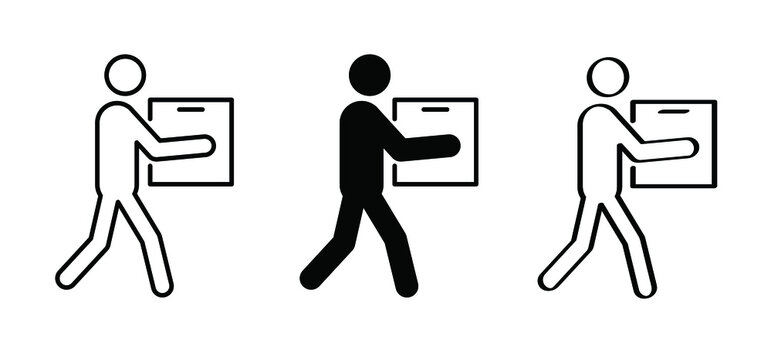 Postman. stickman, stick figure courier delivery concept  Man lifting, with box, holding in hand a package, Walking or moving person symbol. Order, shopping, service. Vector icon or pictogram.