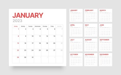 Monthly calendar template for 2023 year. Desktop calendar in the style of minimalist square shape. Week Starts on Sunday. 