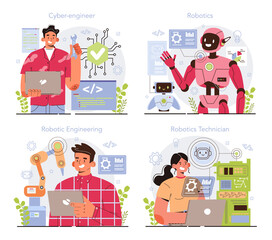 Cyber engineering concept set. Robotics constructing developing