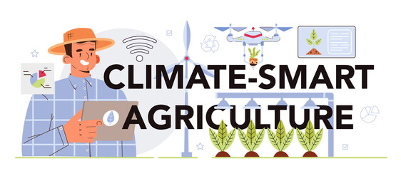 Climate-smart agriculture typographic header. Farm worker growing