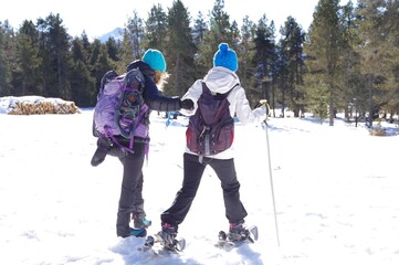 Randonnée solidaire avec handicapés en fauteuil roulant et aveugles sur la neige avec des raquettes et des patins en montagne en hiver