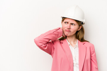 Young architect English woman with helmet isolated on white background touching back of head, thinking and making a choice.