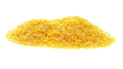 Pile of corn grits isolated on white background. Heap of cornmeal polenta isolated on white...