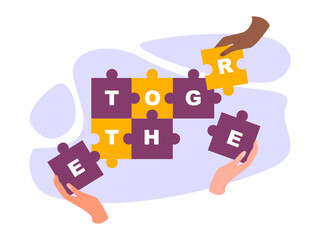 Unity concept. Different people unite together. Join hands and pieces