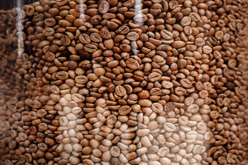 coffee beans pattern. roasted coffee beans in glass jar. coffee beans background. endless coffee texture. seamless background