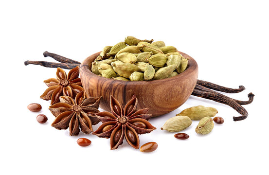 Cardamon, anise and vanile isolated on white background. Spices isolated.