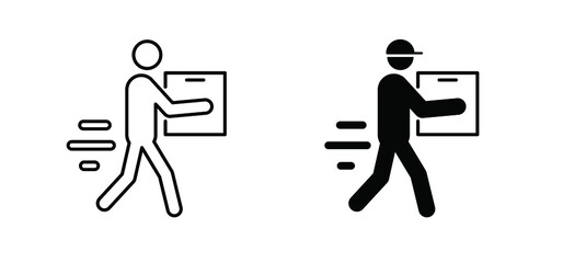 Postman. stickman, stick figure courier delivery concept  Man lifting, with box, holding in hand a package, Walking or moving person symbol. Order, shopping, service Vector icon or pictogram.
