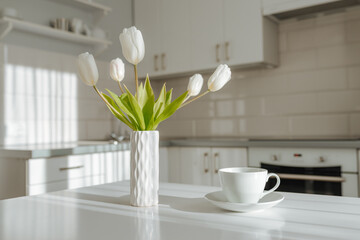 White tulips in a vase and a white cup on the table