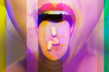 Woman with psychoactive drug pills on her tongue having psychedelic trip with hallucinations
