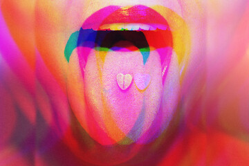 Woman with psychoactive drug pills on her tongue having psychedelic trip with hallucinations - obrazy, fototapety, plakaty