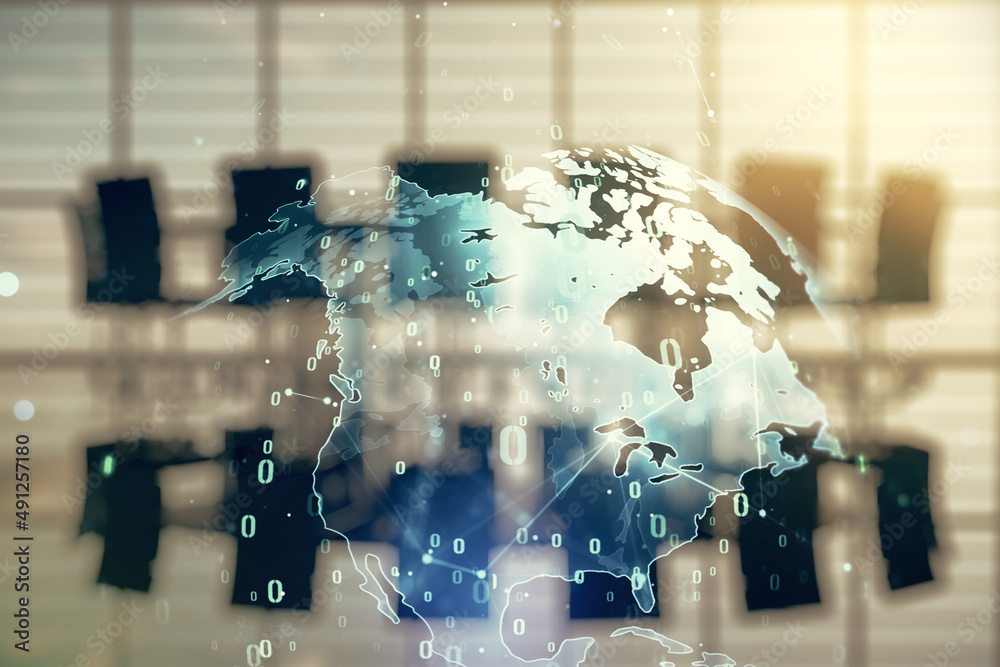 Aufkleber abstract virtual coding concept and world map hologram on a modern conference room background. multi