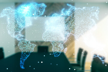 Abstract creative digital world map on a modern coworking room background, globalization concept. Multiexposure