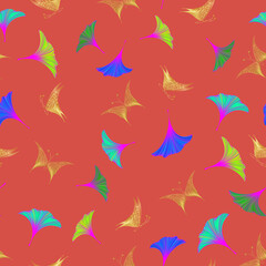 Seamless pattern with gold butterflies on red background.