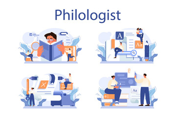 Philologist concept set. Scientific study of language, its history - obrazy, fototapety, plakaty