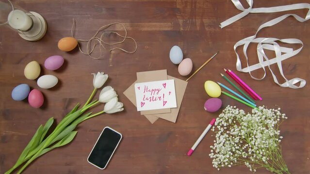 Top view of a table with items to create a composition for Easter. Happy Easter. Church holiday-Easter