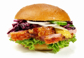 Barbecue Hamburger with Pork and Salad on white Background - Isolated