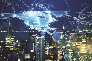 Double exposure of abstract digital world map hologram with connections on San Francisco office buildings background, big data and blockchain concept