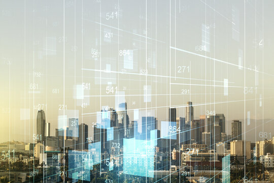 Abstract virtual analytics data spreadsheet on Los Angeles cityscape background, analytics and analysis concept. Multiexposure
