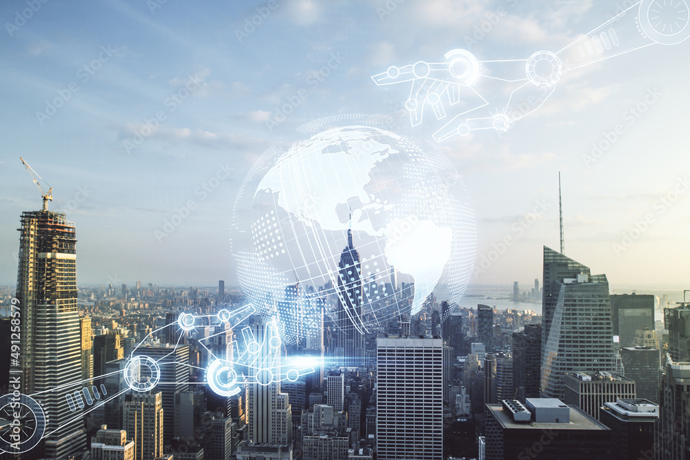 Aufkleber abstract virtual robotics technology hologram with globe sketch on new york city skyline background.
