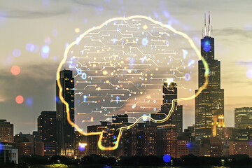 Virtual creative artificial Intelligence hologram with human brain sketch on Chicago skyline background. Multiexposure