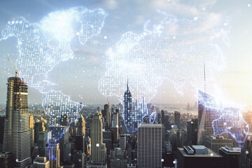 Fototapeta premium Multi exposure of abstract graphic world map on Manhattan cityscape background, big data and networking concept