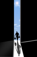 A man with luggage walks out an open set of large doors in a 3-d illustration about walking out and leaving.