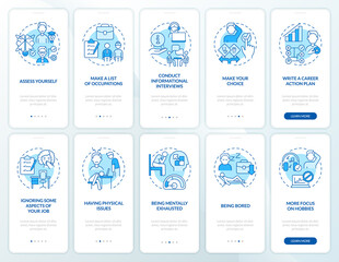 Fototapeta na wymiar Choosing best job blue onboarding mobile app screen set. Bad work choice walkthrough 5 steps graphic instructions pages with linear concepts. UI, UX, GUI template. Myriad Pro-Bold, Regular fonts used