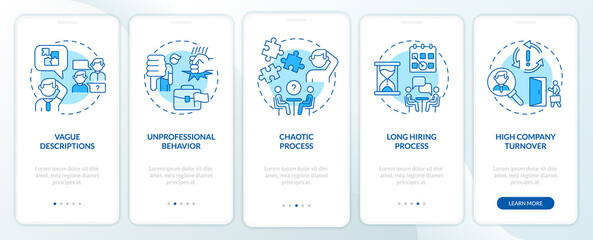 Warning signs in recruitment interview blue onboarding mobile app screen. Walkthrough 5 steps graphic instructions pages with linear concepts. UI, UX, GUI template. Myriad Pro-Bold, Regular fonts used