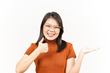 Presenting and Showing Product on Open Palm With Thumbs up Of Beautiful Asian Woman