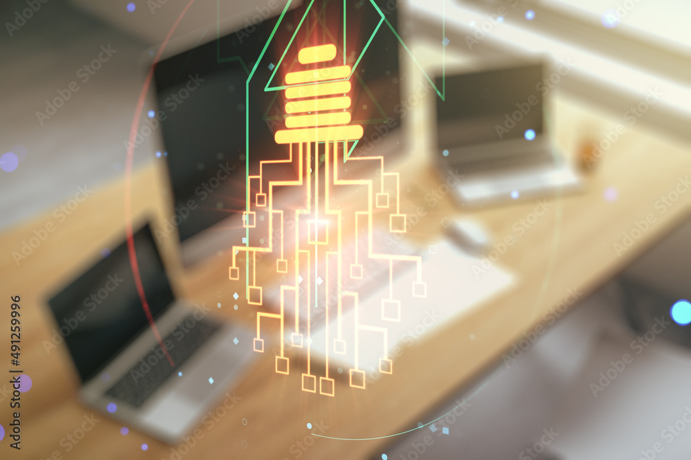 Aufkleber Creative idea concept with light bulb and microcircuit illustration and modern desktop with computer on background. Neural networks and machine learning concept. Multiexposure